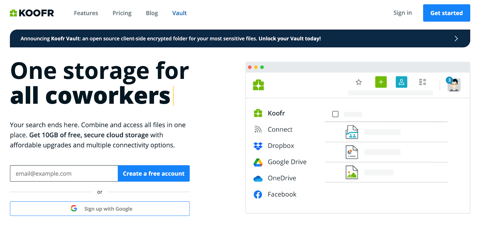 landing page of koofr
