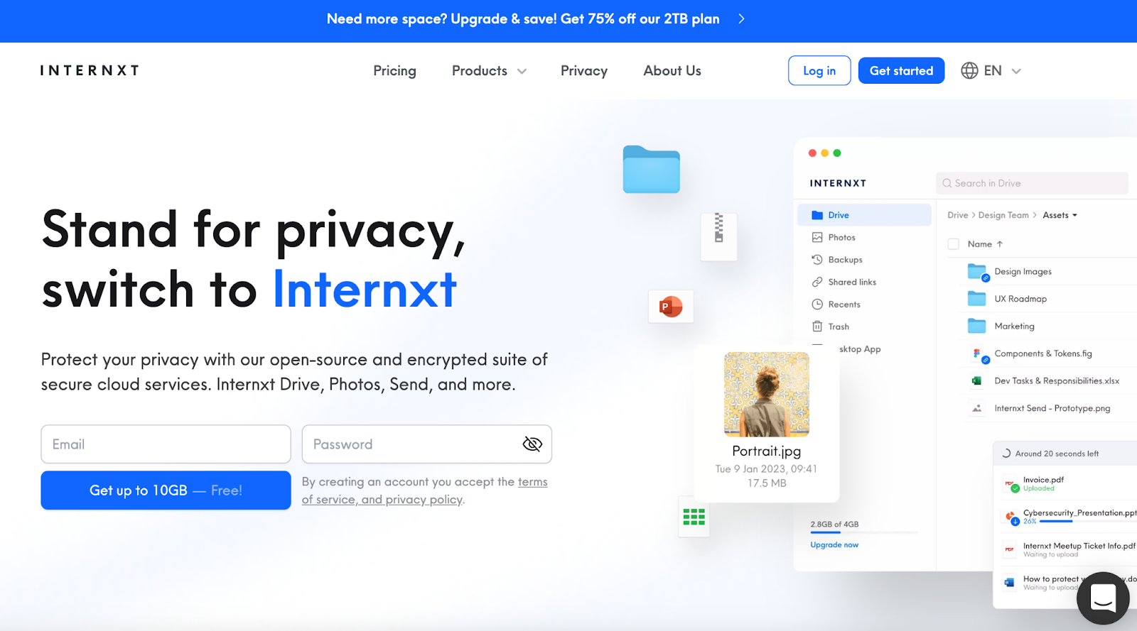 landing page of Internxt