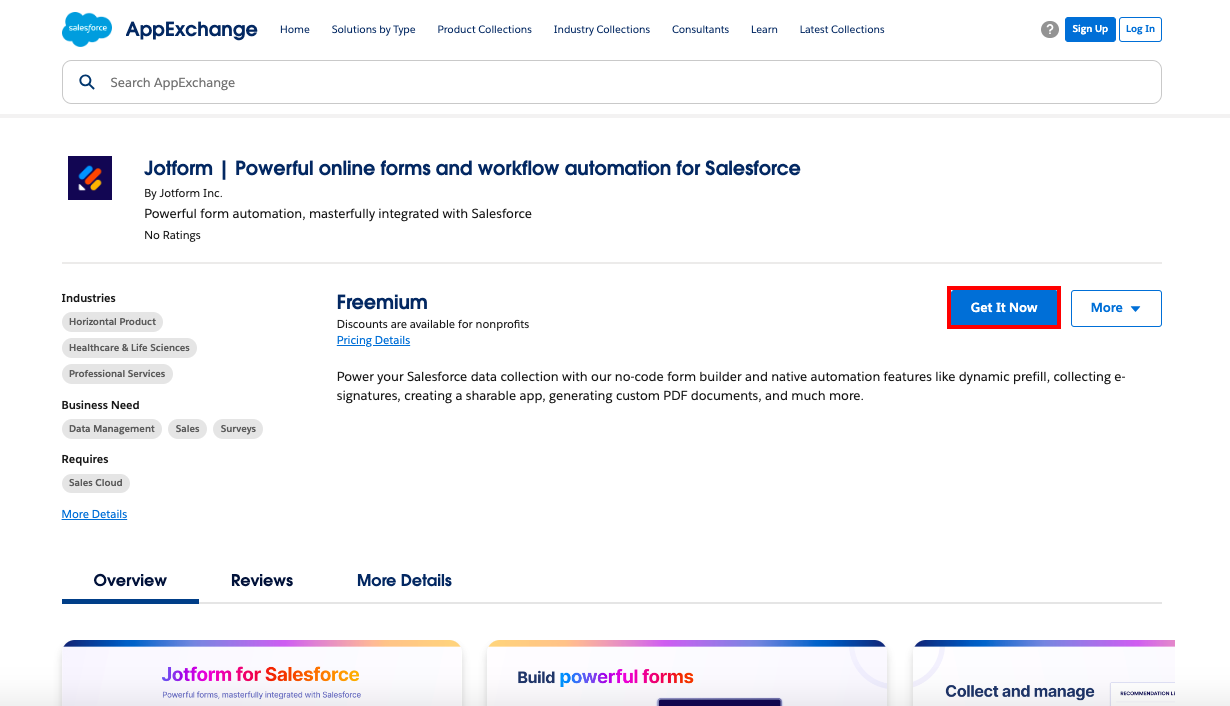Image showing two ways to access Jotform on Salesforce: via App Launcher by searching 'Jotform' or directly on Salesforce AppExchange by clicking 'Get It Now'