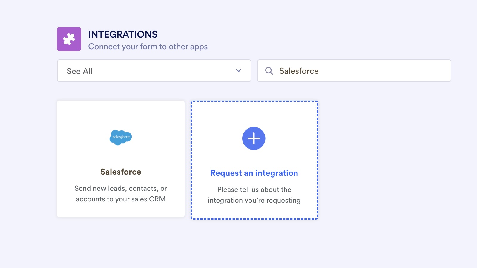 Image depicting first-time Salesforce integration setup in Jotform Form Builder via Settings and Integrations menu