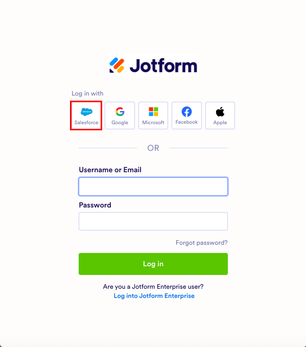 Screenshot of the prompt to authenticate Jotform account, highlighting the new feature that allows signing in using Salesforce account credentials