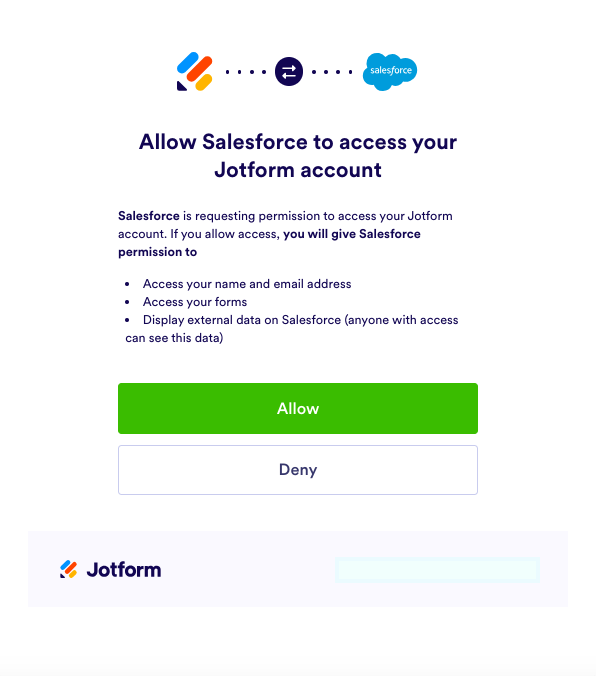 Screenshot showing the prompt to grant Salesforce access to Jotform account and data