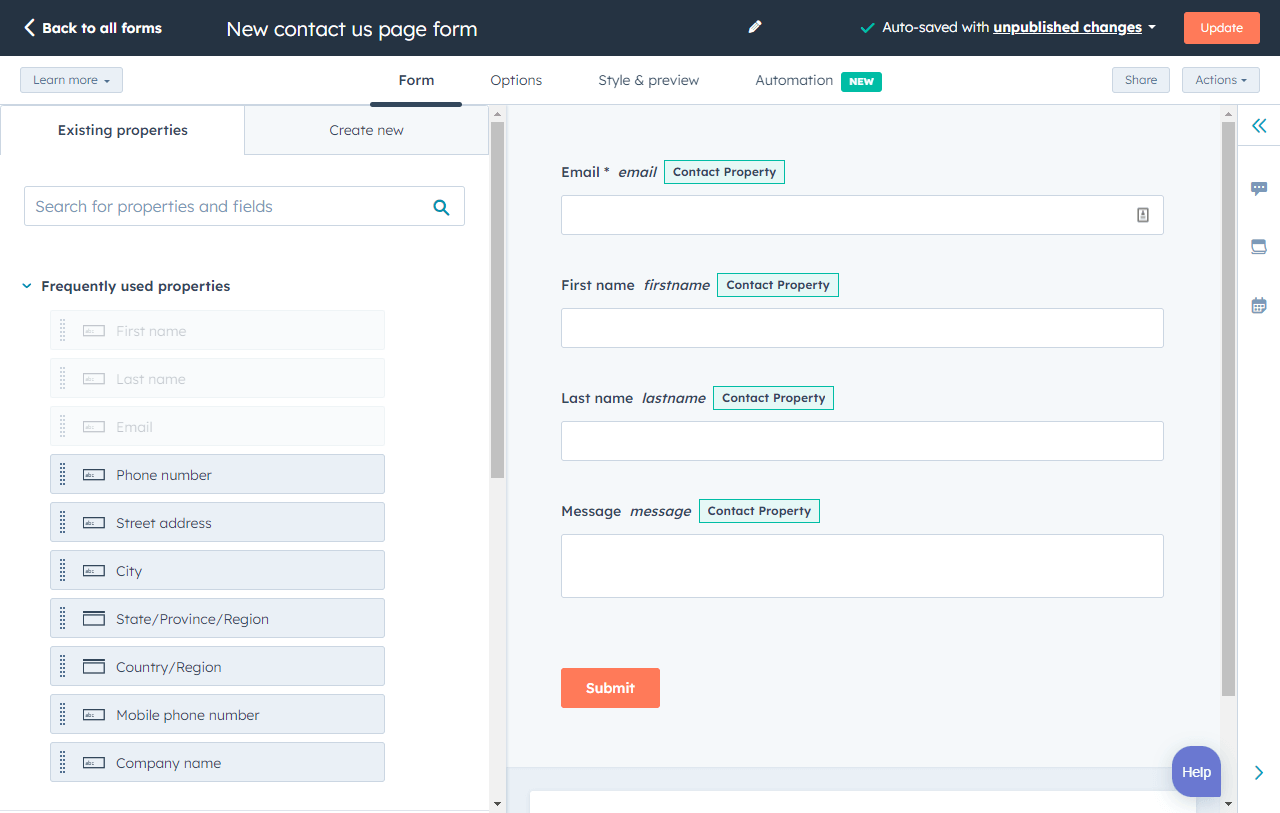 HubSpot Forms Aracının resmi