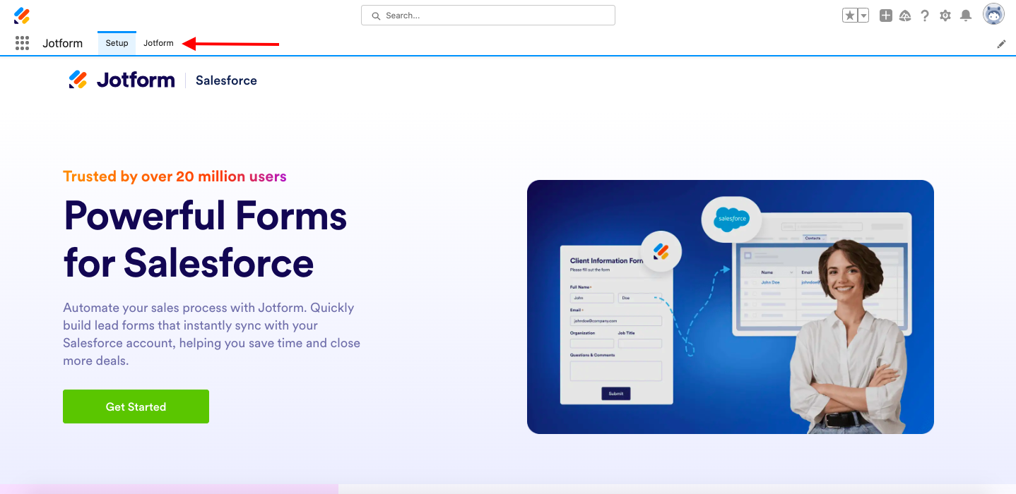 Screenshot showing 'Allow' button and Jotform tab, indicating successful connection and ability to use Jotform within Salesforce interface