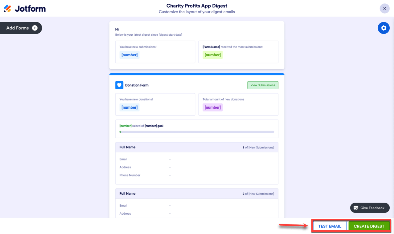 View of a Sample Digest Email Clicking on Test Email and Create Digest