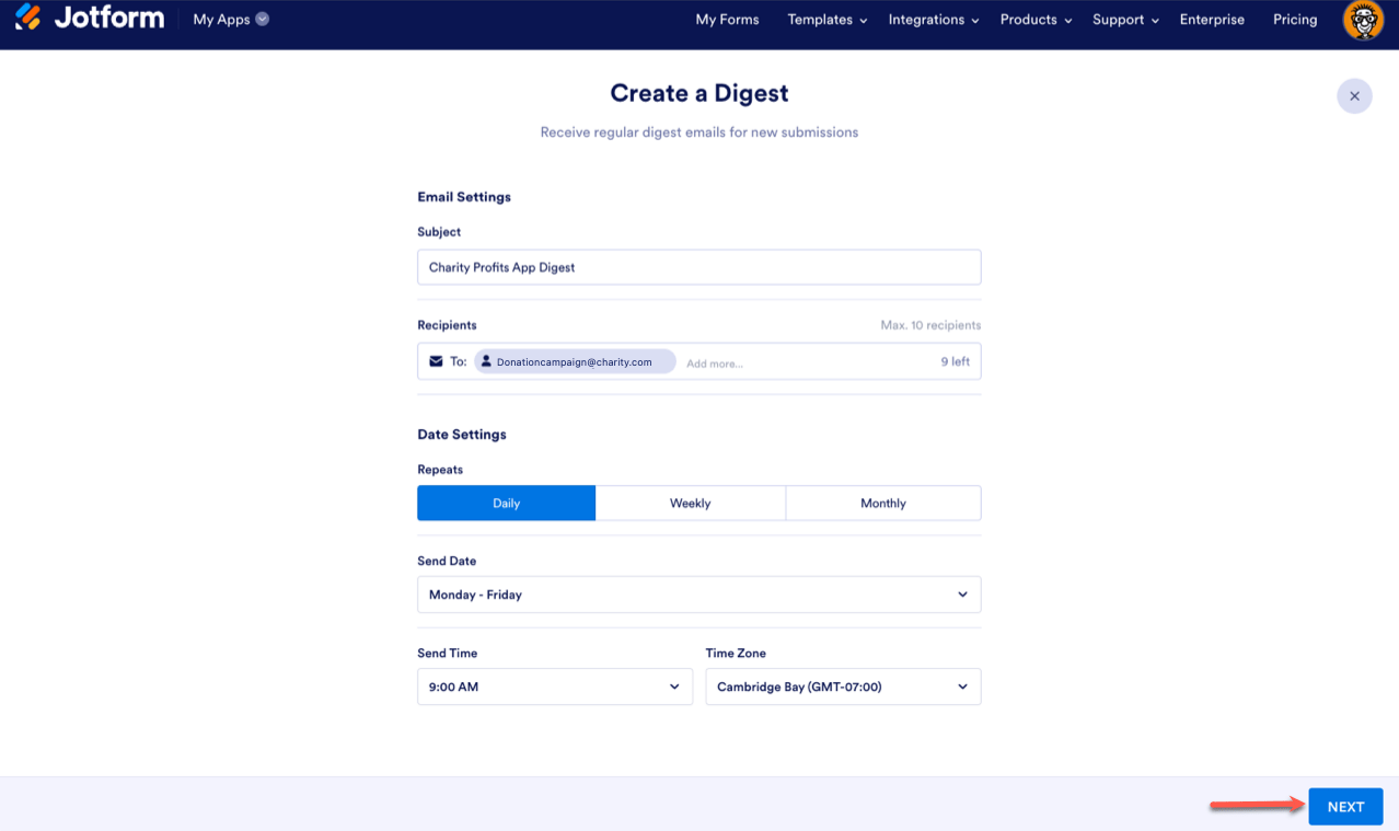 Create a Digest Email Settings Clicking on Next