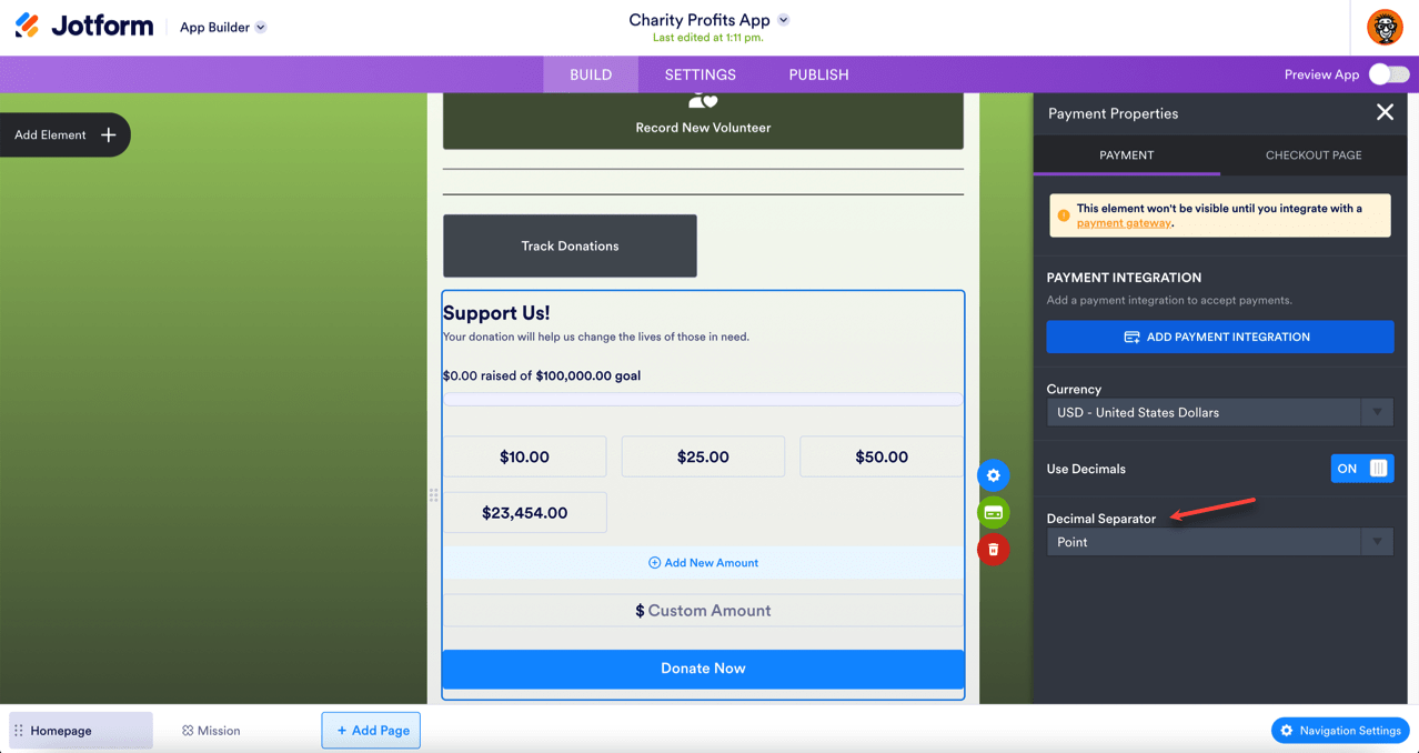 Donation App in Form Builder Viewing Payment Properties Features