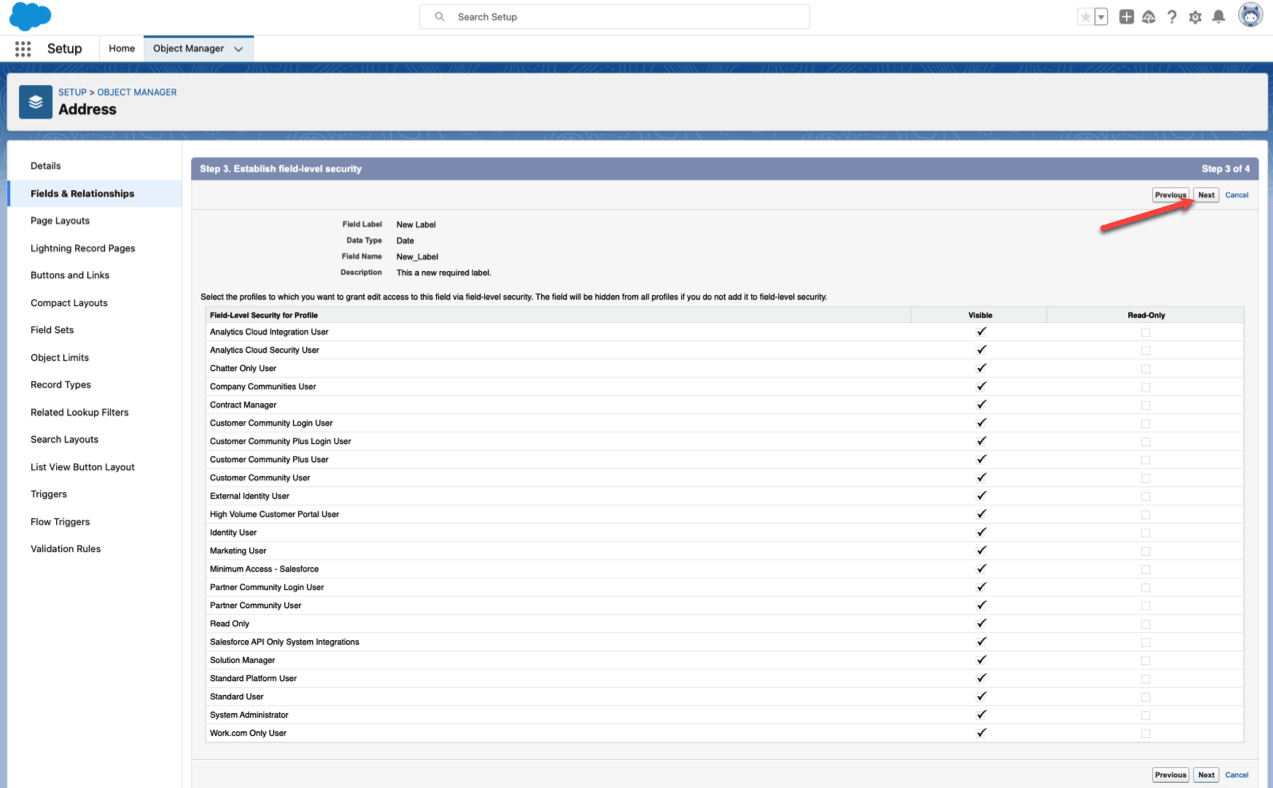 Fields and Relationships Tab of Address Object Personalizing Field Level Security Settings