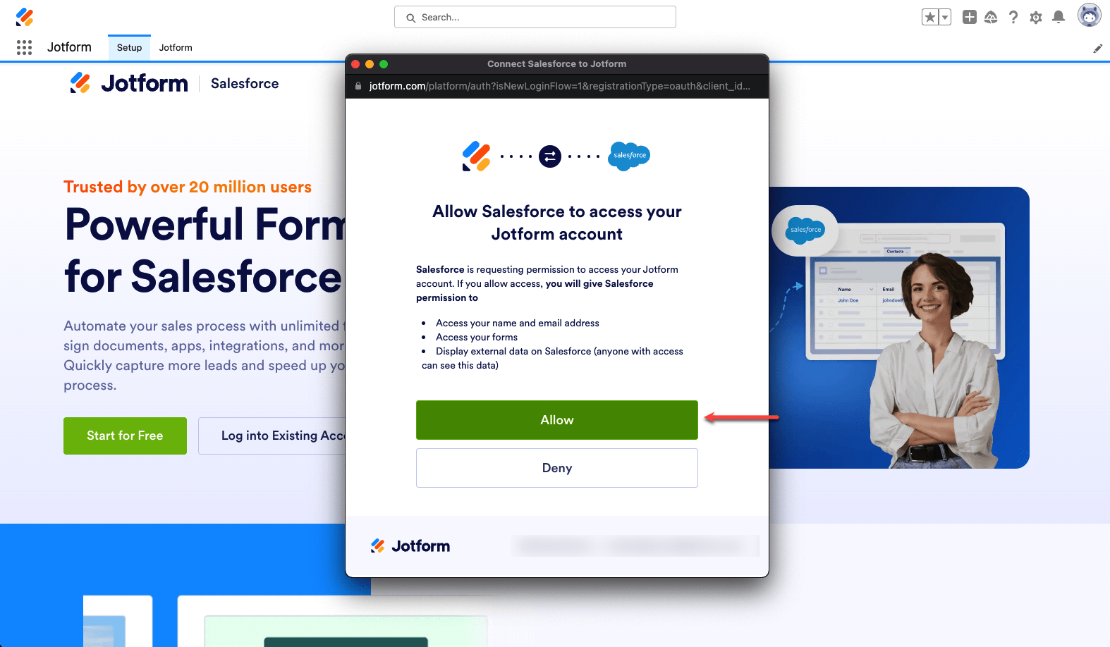 Jotform's Setup Page in the Salesforce AppExchange Allowing Salesforce Access to Jotform Account