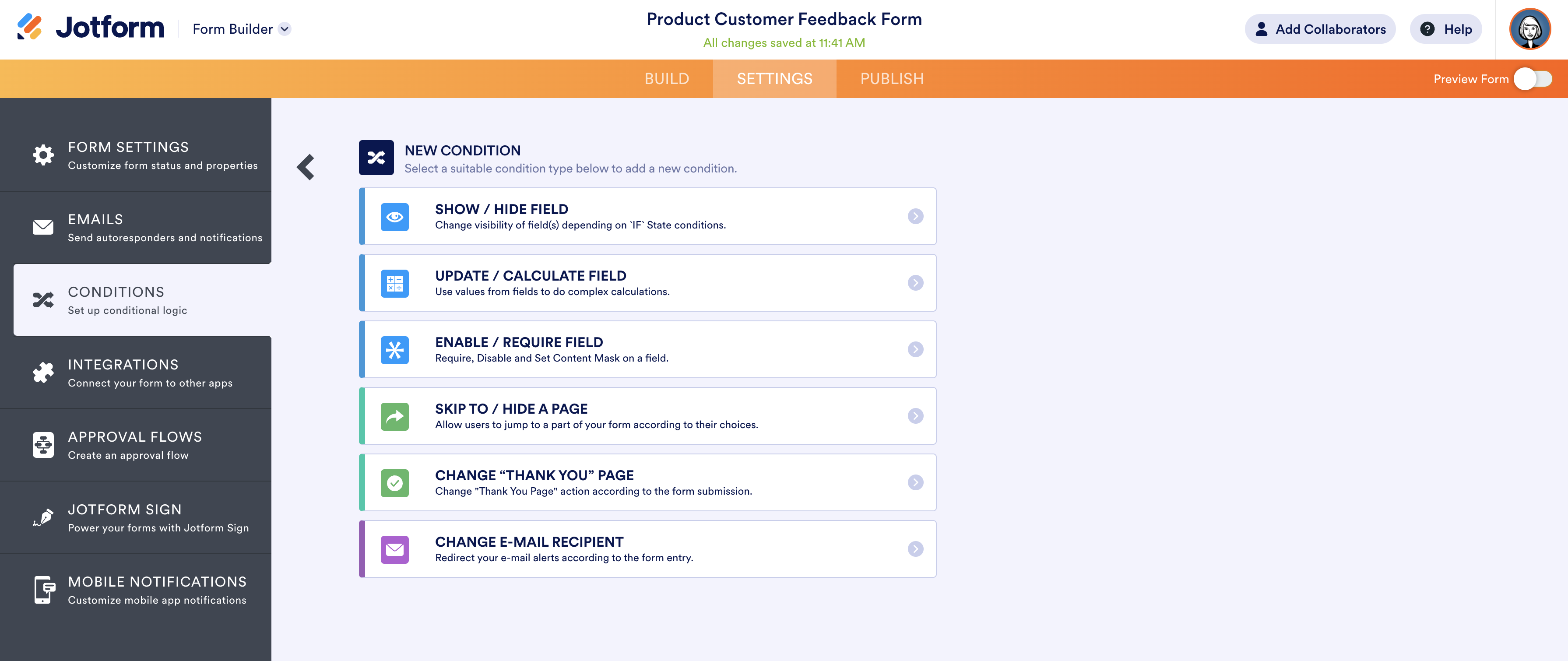 Jotform Form Builder Clicking on Settings and then Conditions