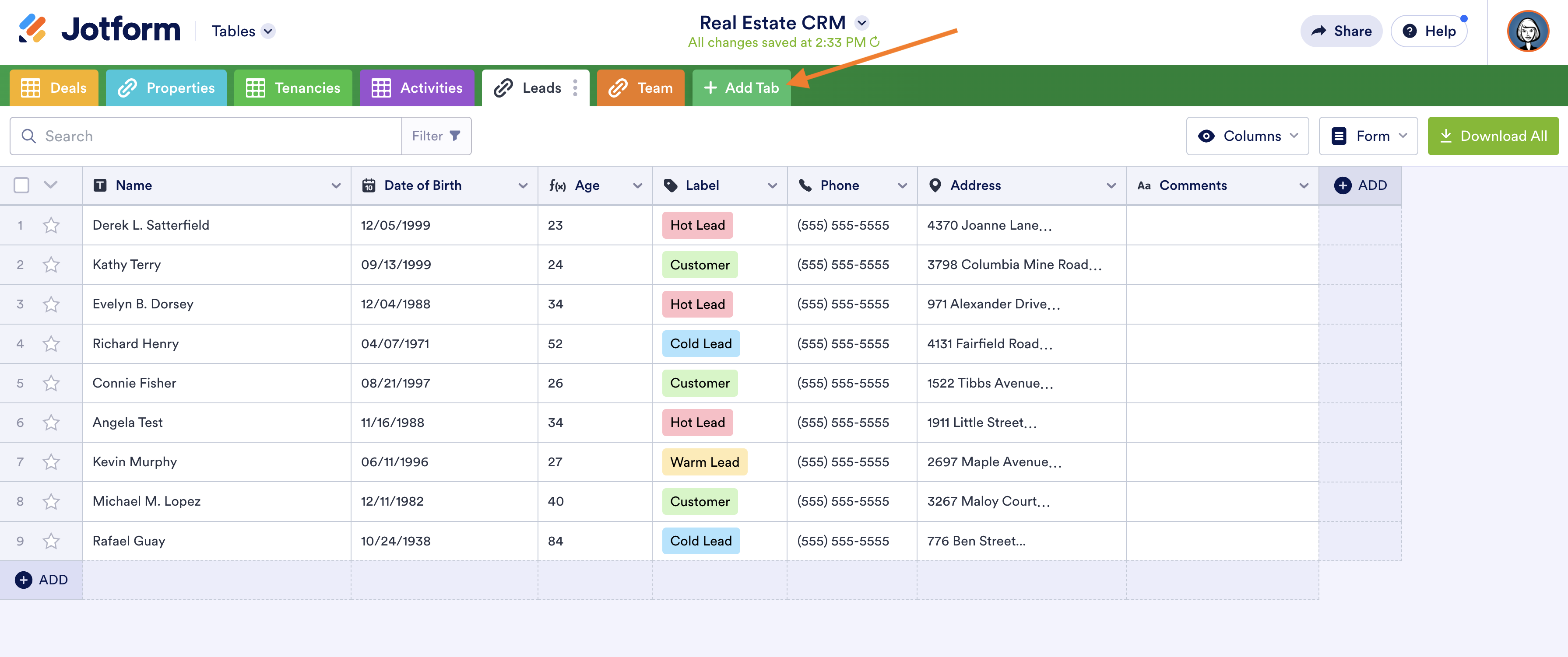 Real Estate CRM Template in Jotform Tables Clicking on Add Tab