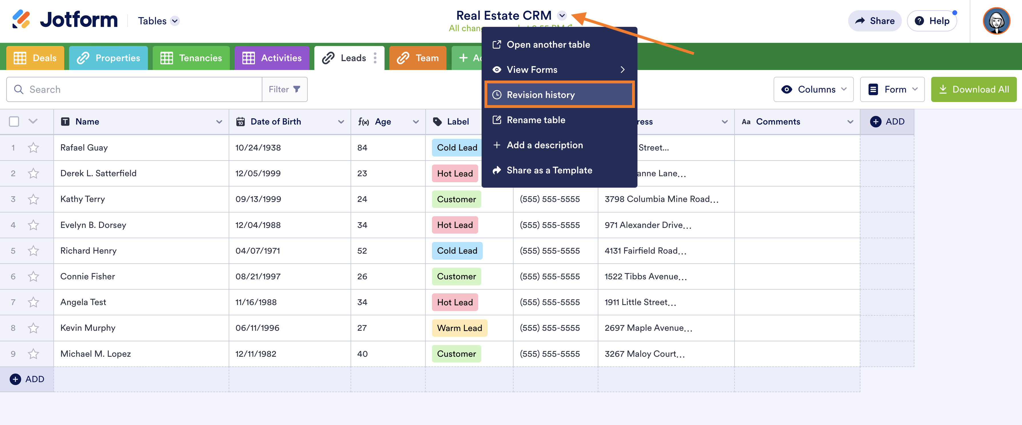 Real Estate CRM Template in Jotform Tables Clicking on Revision History