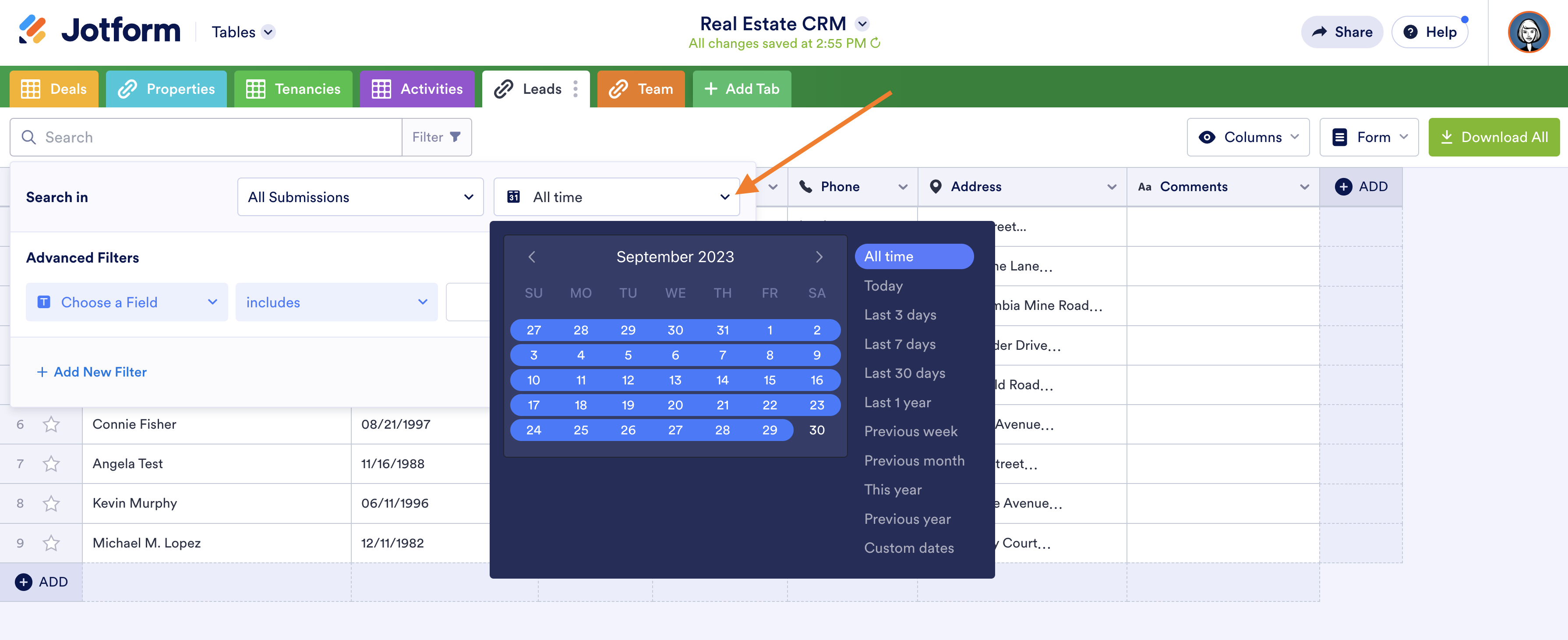 Real Estate CRM Template in Jotform Tables Filtering Submissions According to Time