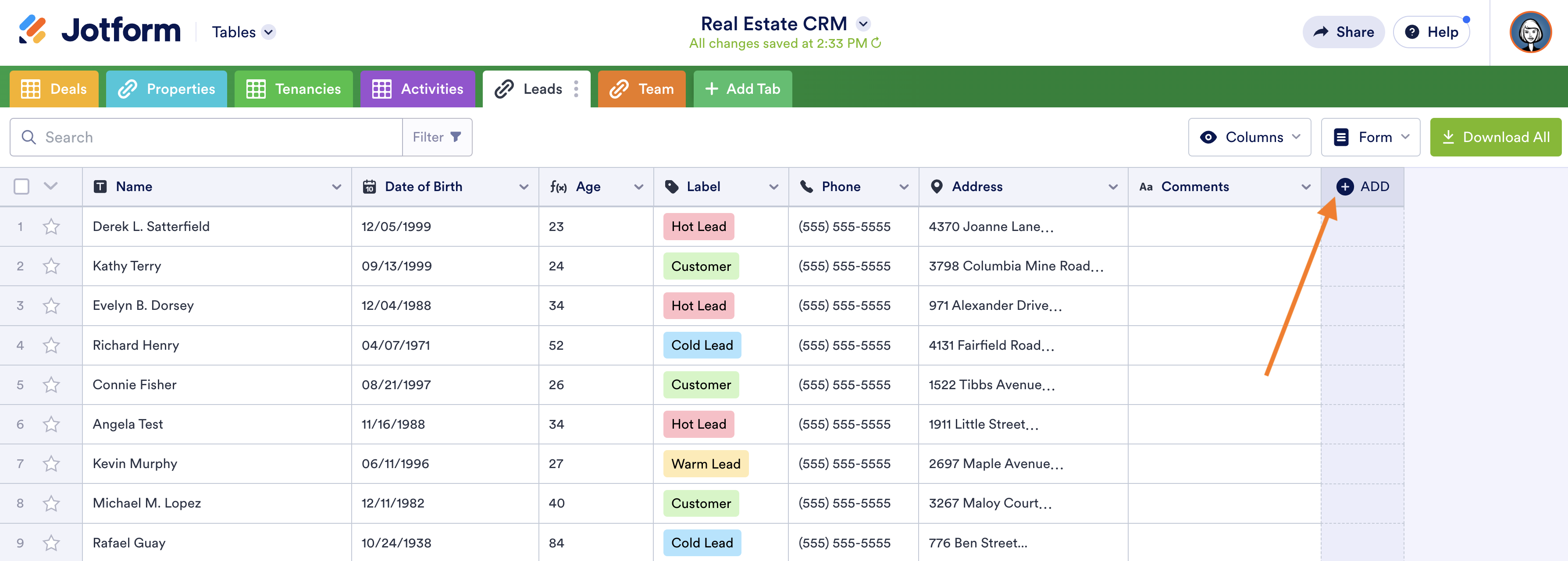 Real Estate CRM Template in Jotform Tables Clicking on Add