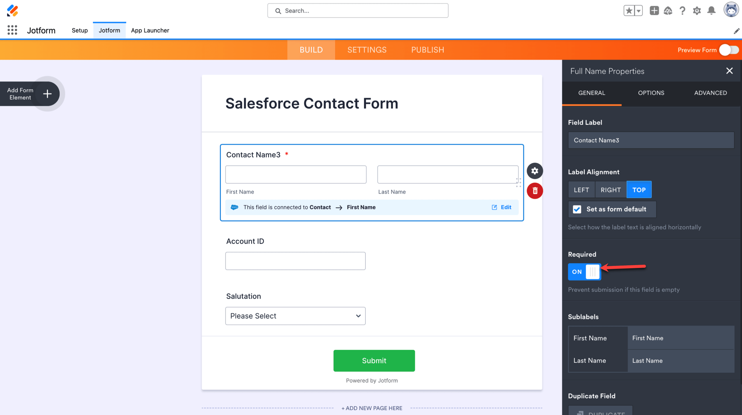 Salesforce Contact Form in Jotform Form Builder Making the Form Fields Required