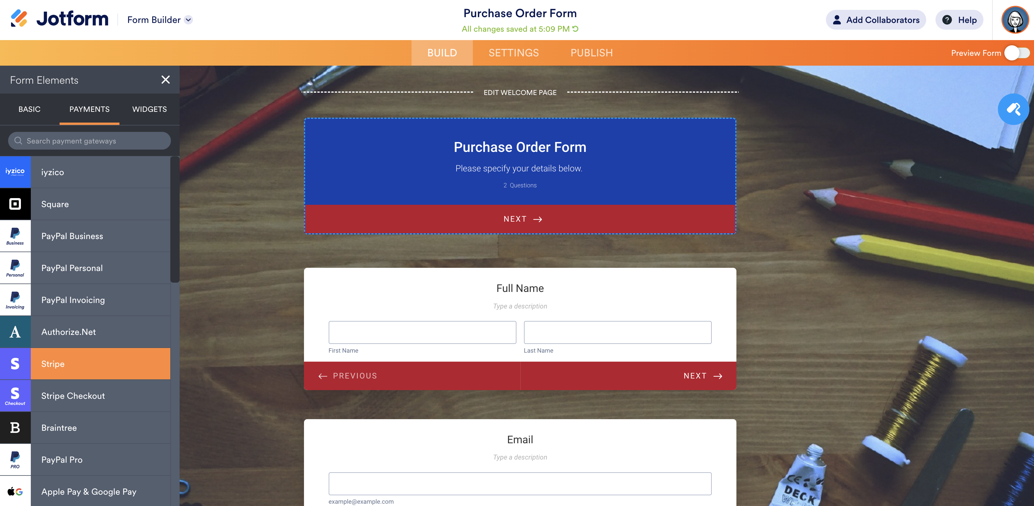 Jotform Form Builder Clicking on Stripe to Add a Payment Integration
