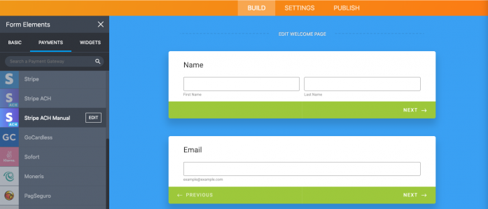 Jotform Form Builder Clicking on Stripe ACH Manuel Under Payments