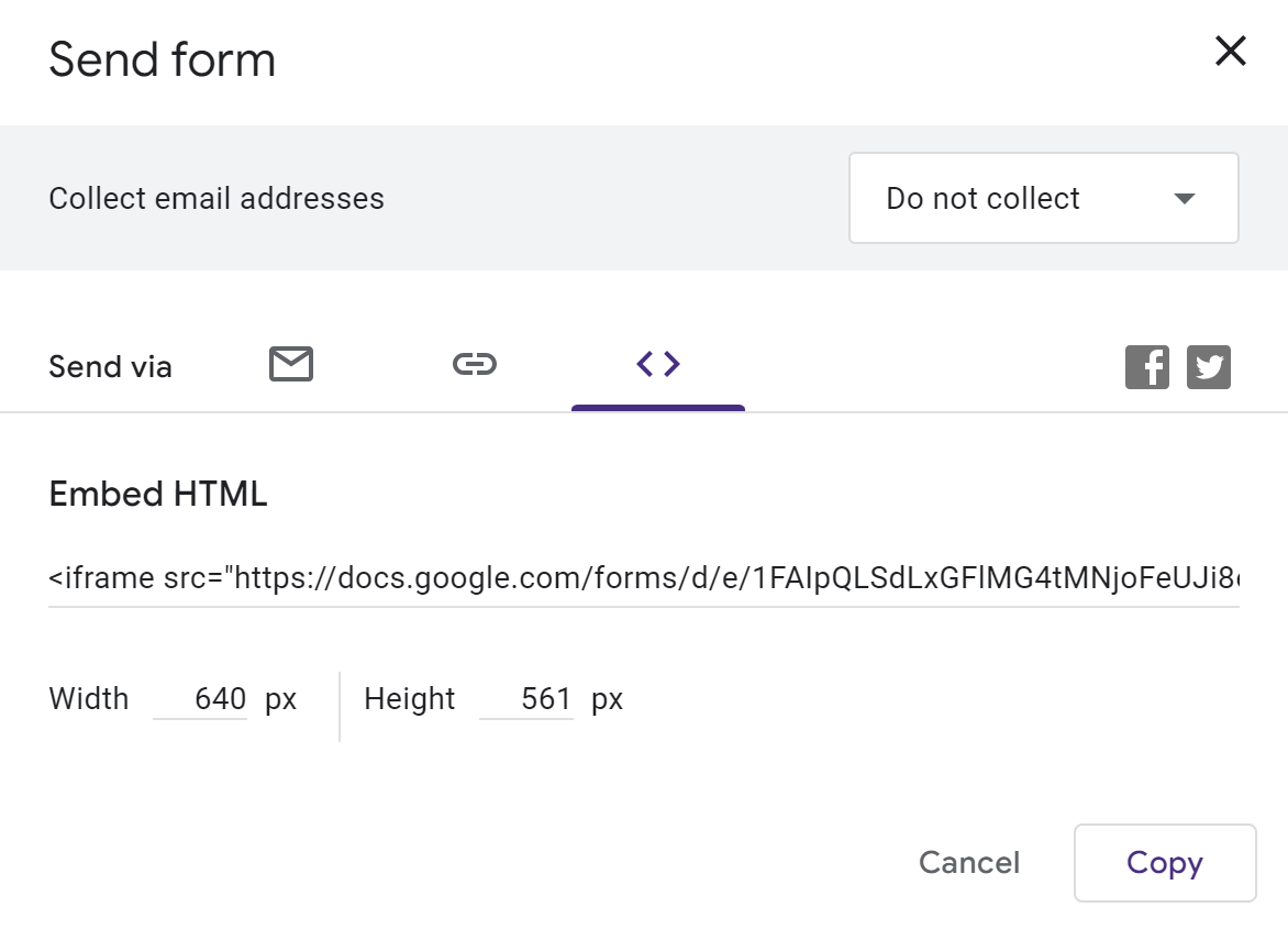 Google Forms gönderim menüsünün ekran görüntüsü, 'Göm' seçeneği açık durumda