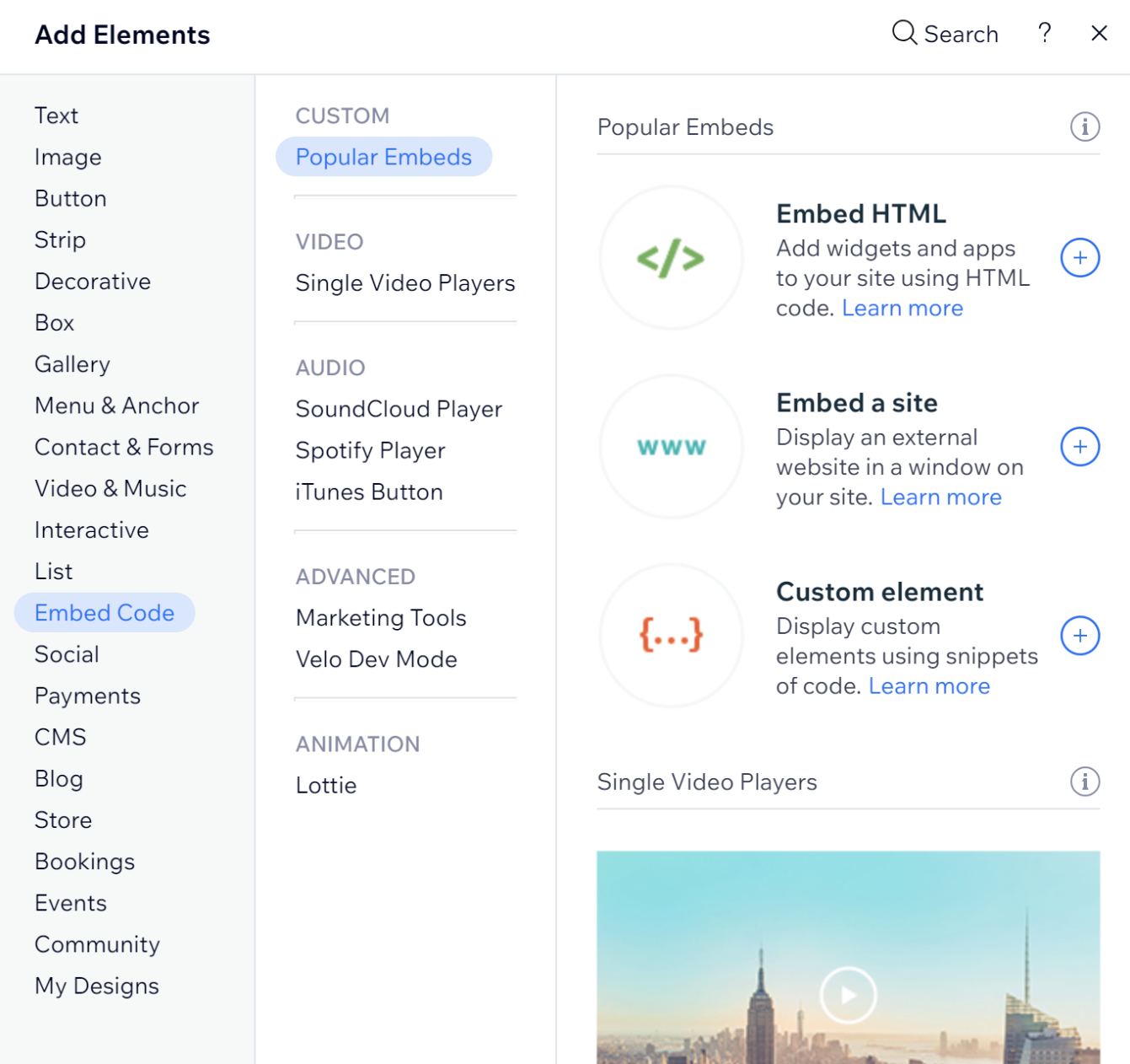 Screenshot of the "Add Elements" menu in Wix with “Embed Code” options currently displayed
