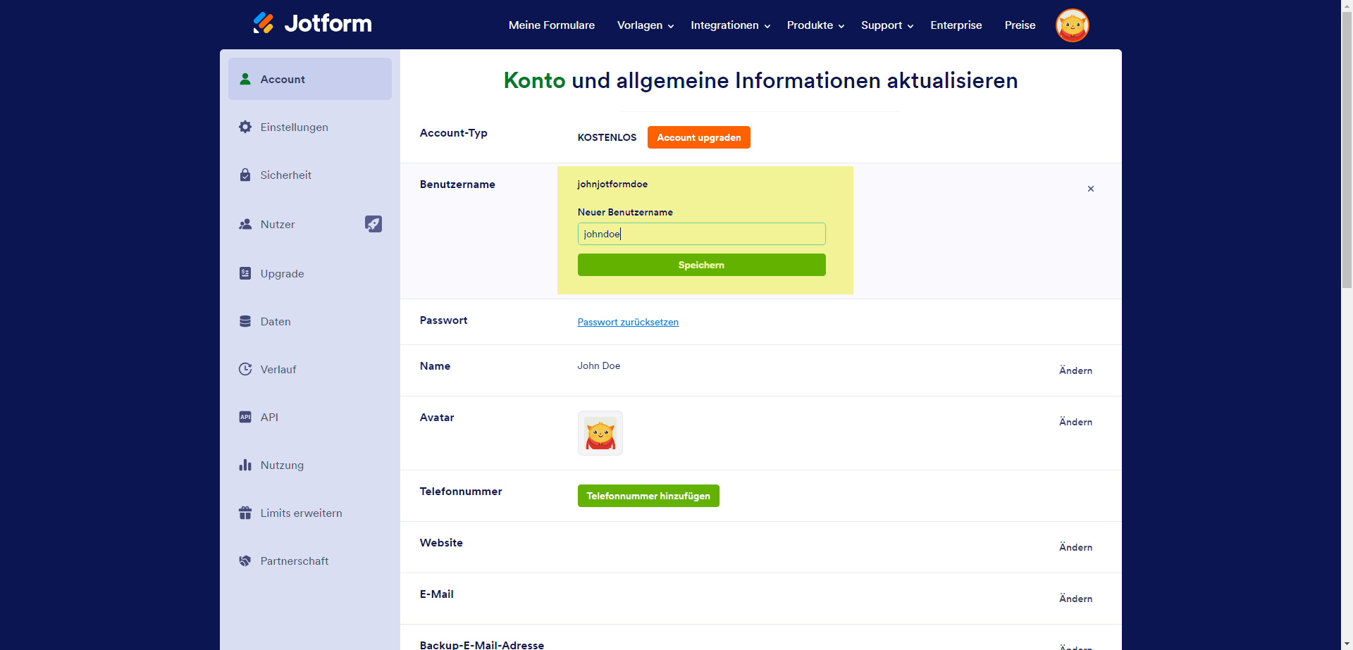 Jotform Profilseite – Benutzername bearbeiten
