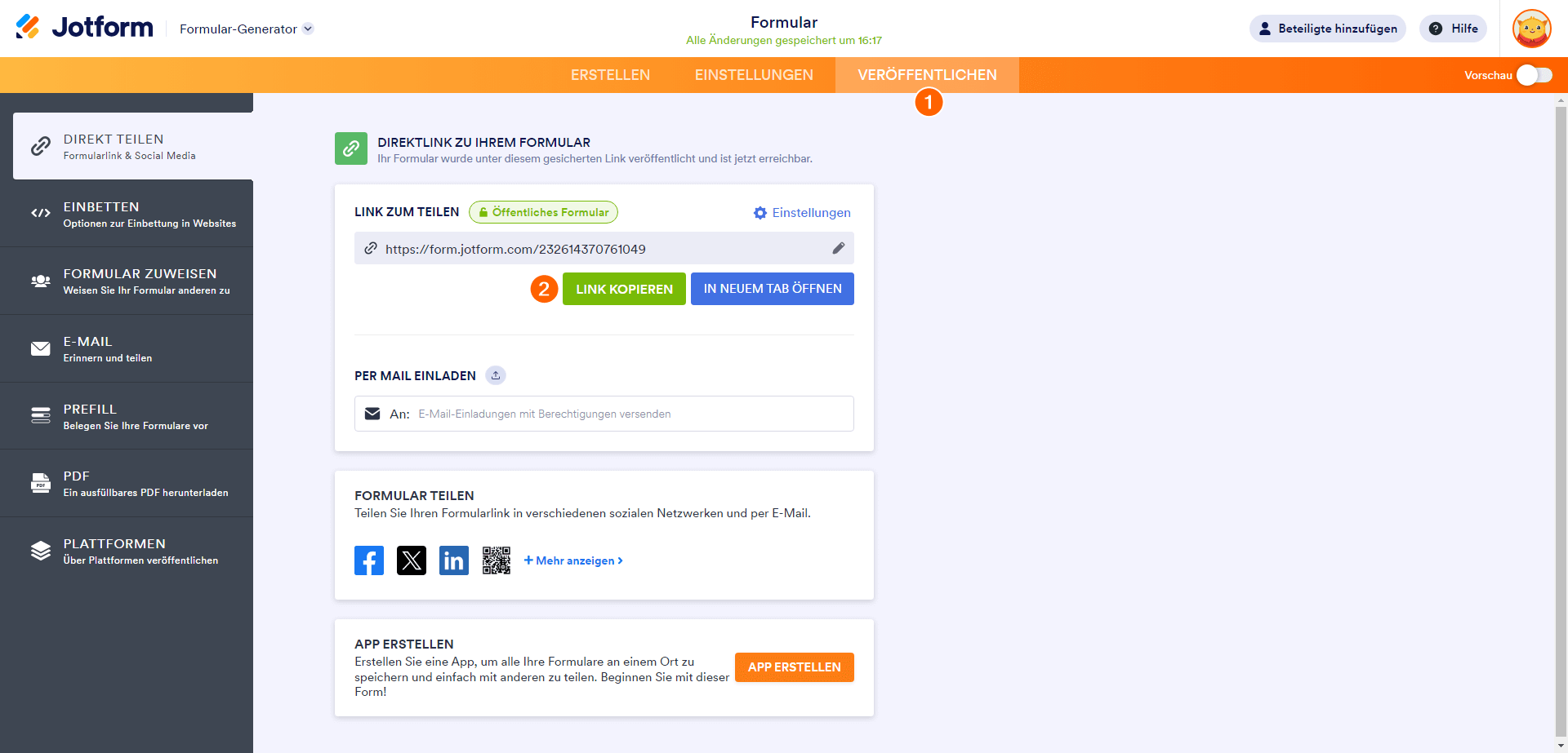 Ein Screenshot des Formular-Generators mit nummerierten Schritten zum Kopieren der Formular-URL