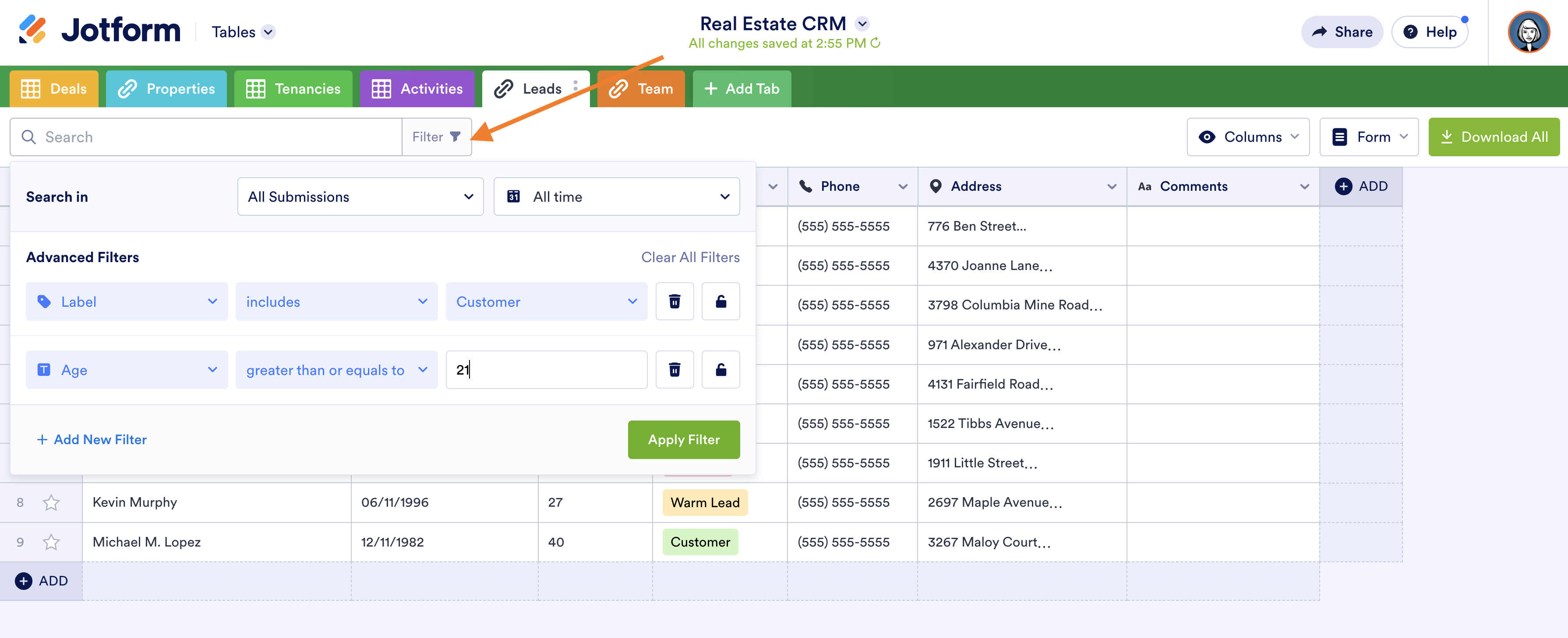 Real Estate CRM Template in Jotform Tables Clicking on Filter Button and Using Advanced Filters