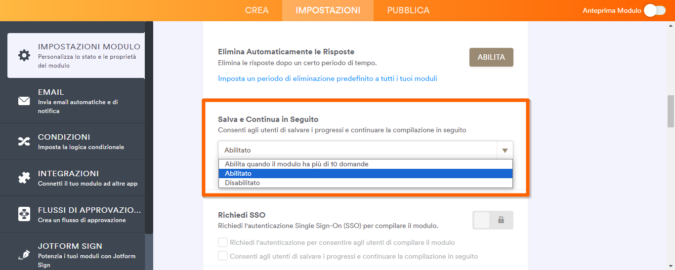 L'opzione Salva e Continua il Modulo in Seguito sul Form Builder Jotform
