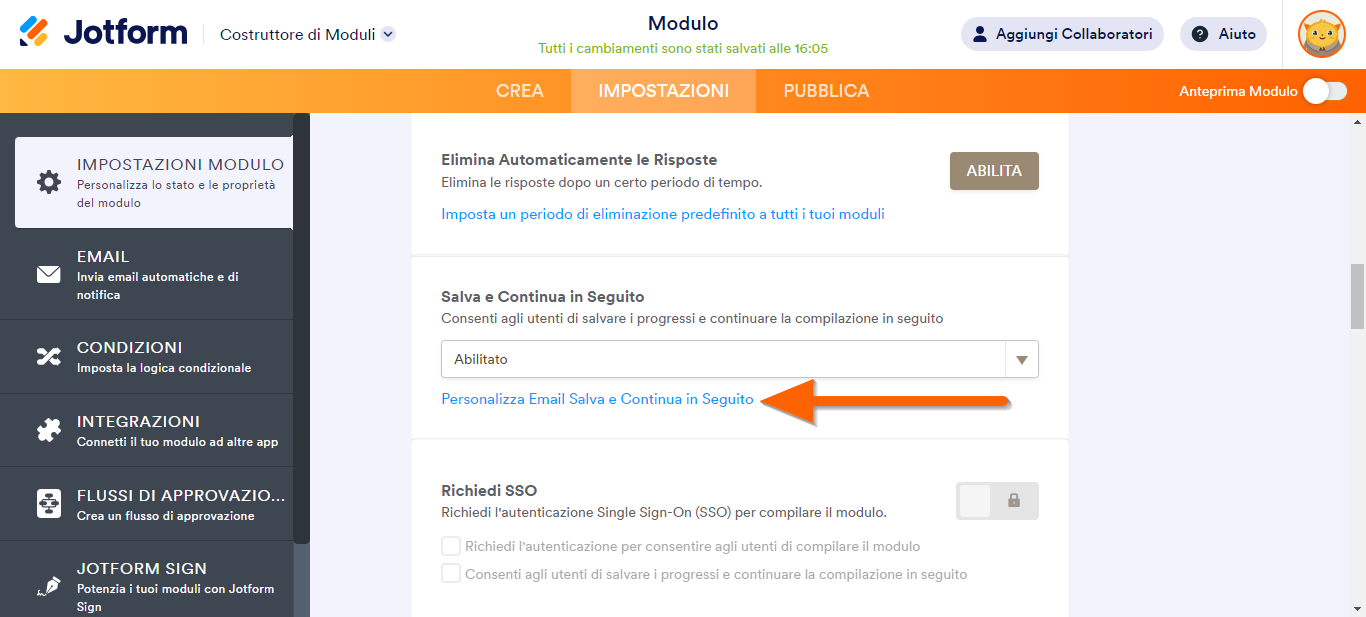 Il link Personalizza Email Salva e Continua in Seguito, presente nel Form Builder