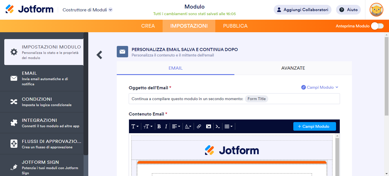 Il template editor delle email dal Form Builder Jotform