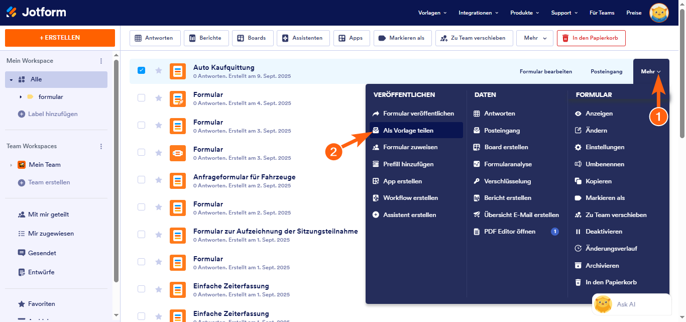 Teilen eines Formulars in der Galerie Vorlagen für Online-Formulare Image-1