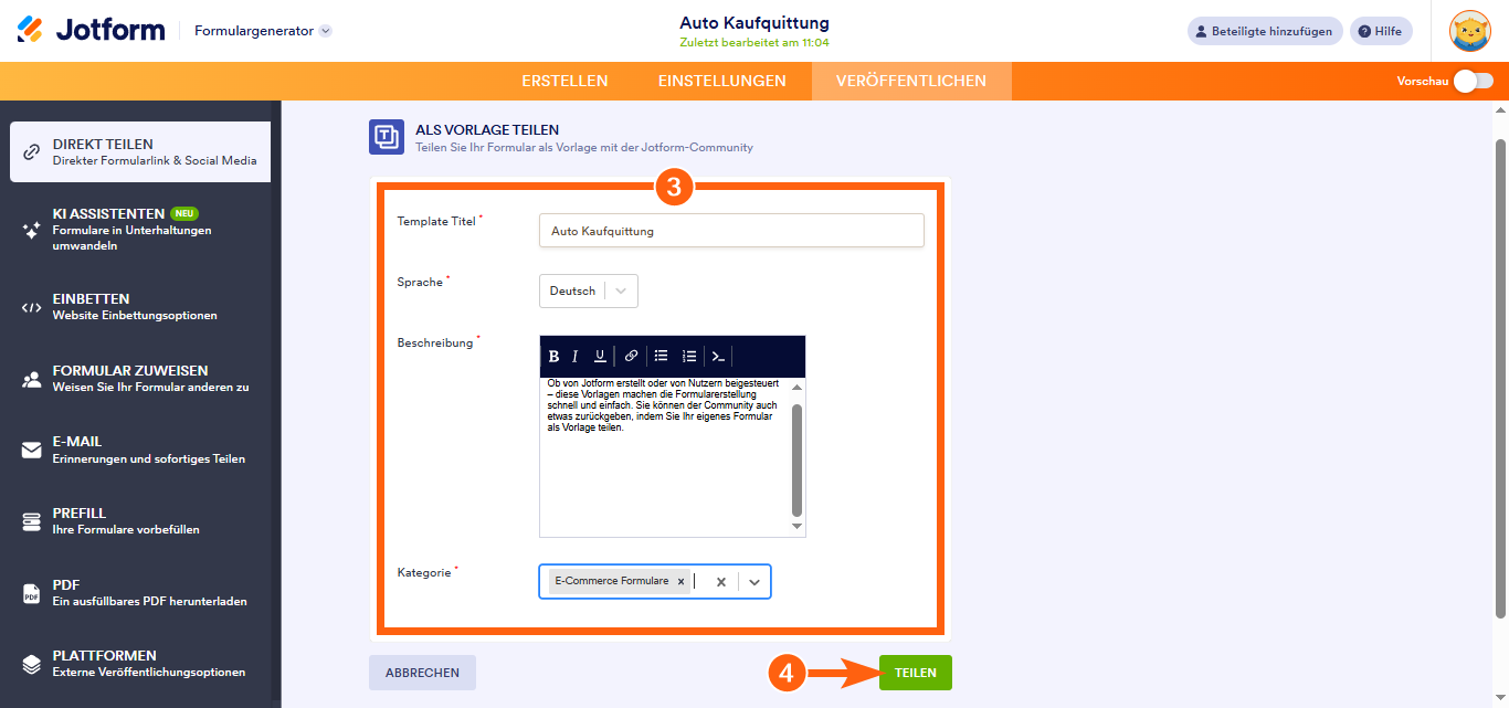 Teilen eines Formulars in der Galerie Vorlagen für Online-Formulare Image-2