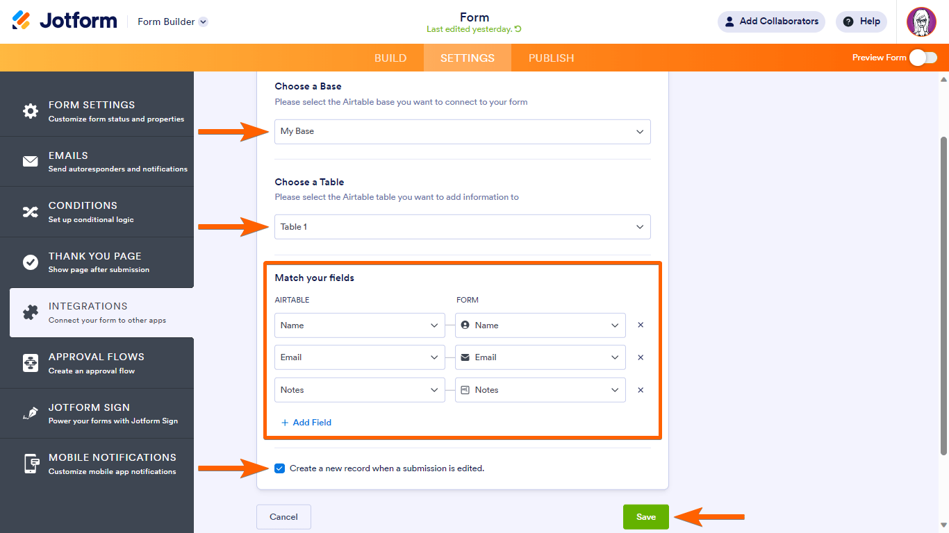 Página de configuración de Airtable en el Generador de Formularios de Jotform