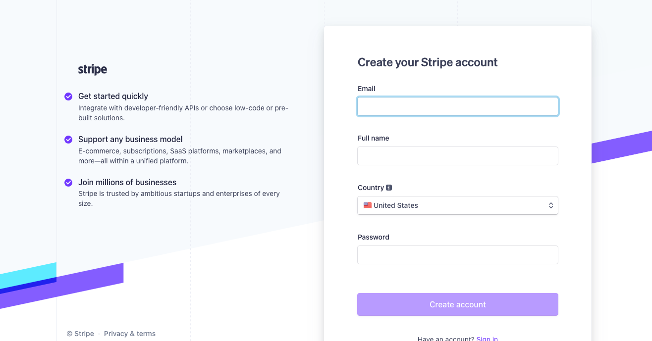 Screenshot of Stripe's "create an account" page with fields to input your email, full name, and country of residence