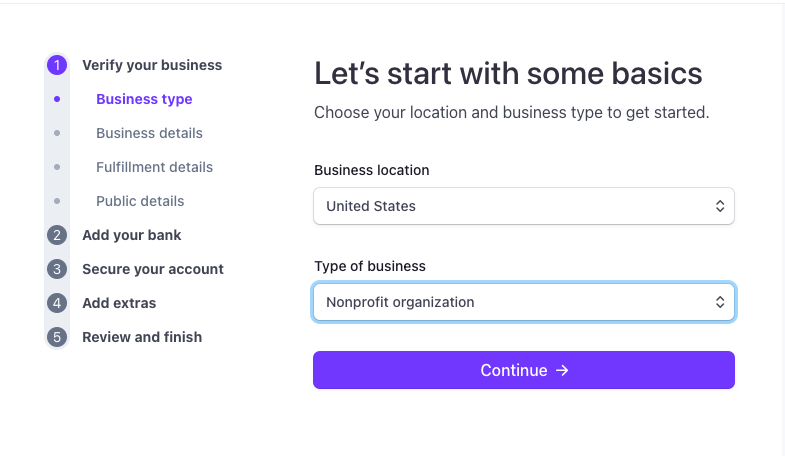 Screenshot of Stripe's input page to enter basic business details such as business location and type