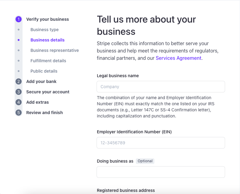 Screenshot of Stripe's input page for users to enter their company's legal business details like business name and employer identification number (EIN)