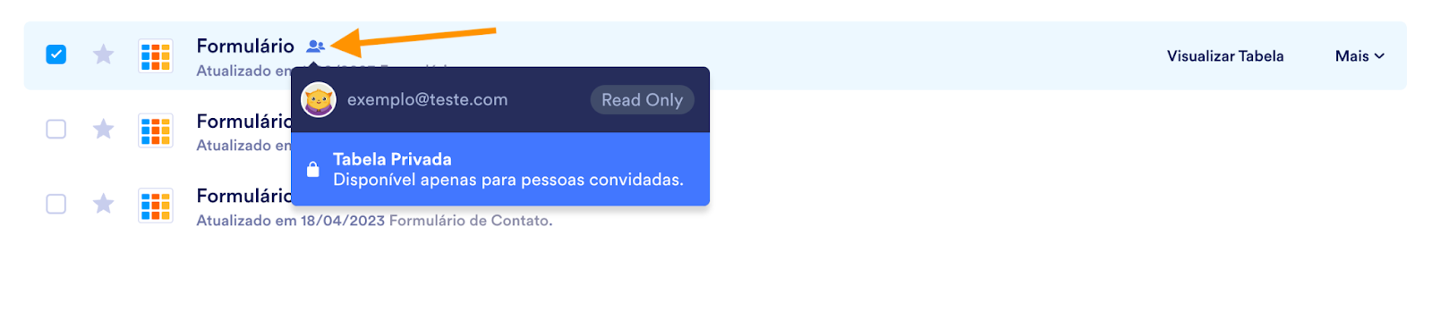 Imagem de Minhas Tabelas mostrando quem tem acesso às áreas de trabalho