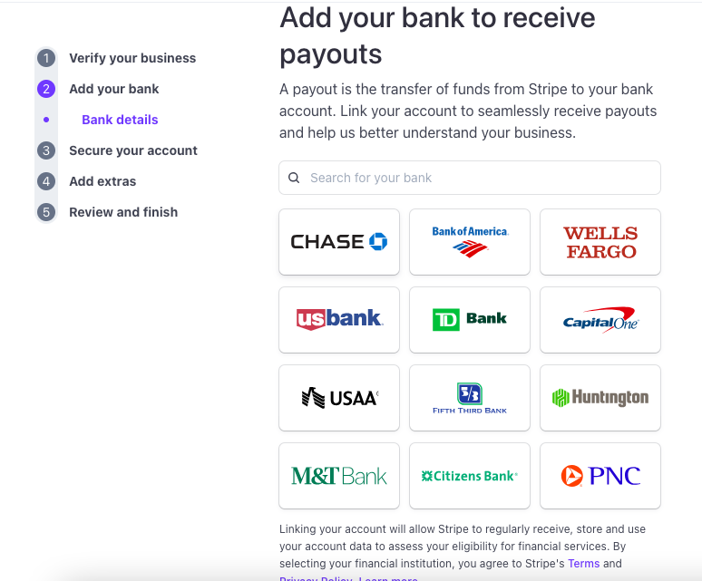 Screenshot of Stripe's bank details input page with bank options like Chase, Bank of America, and more to choose from and link your account