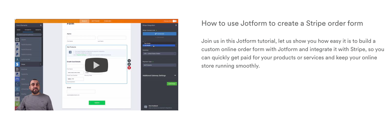 Screenshot of Jotform's tutorial page on how to use Jotform to create a Stripe order form