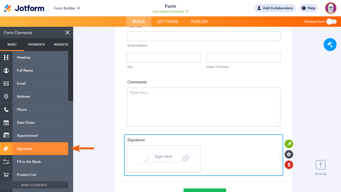Jotform Form Builder Clicking on Signature on the Form Elements 