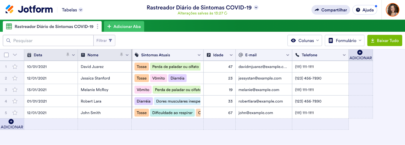 Captura de tela da visualização padrão do Jotform Tabelas