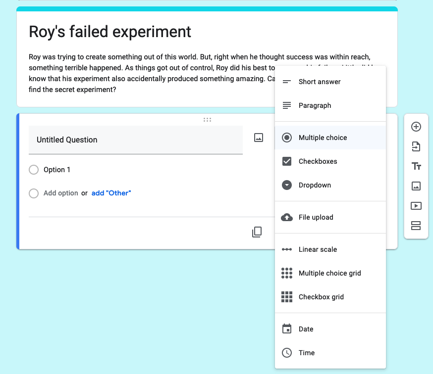 Percobaan Gagal Roy dalam Tampilan Google Forms dari Daftar Jenis Pertanyaan
