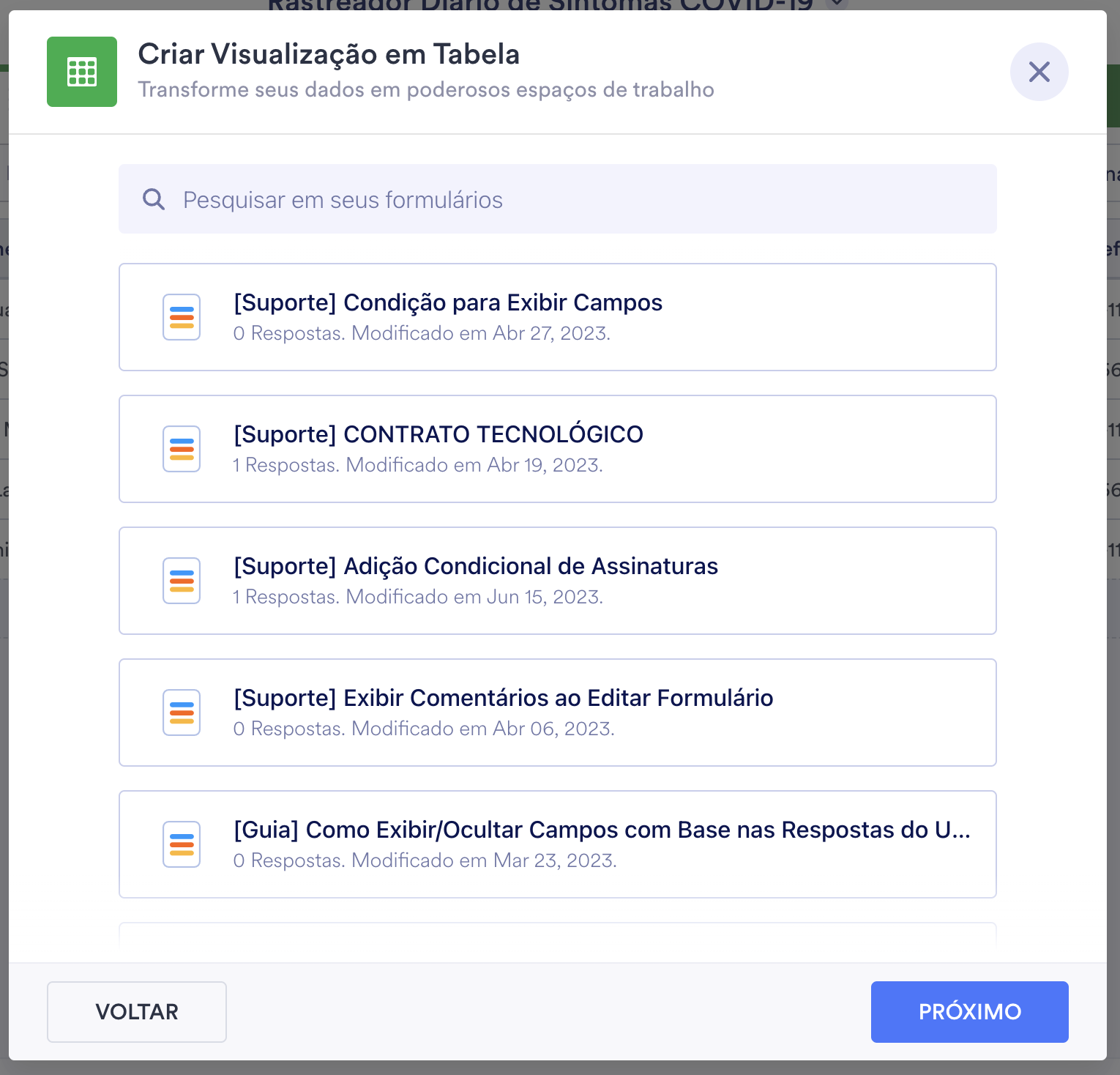 Imagem da página Criar Visualização em Tabela