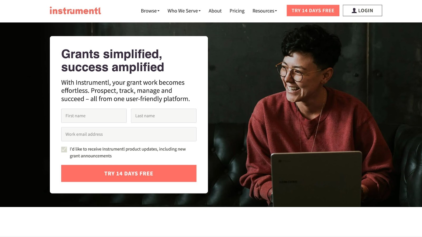 landing page of Instrumentl