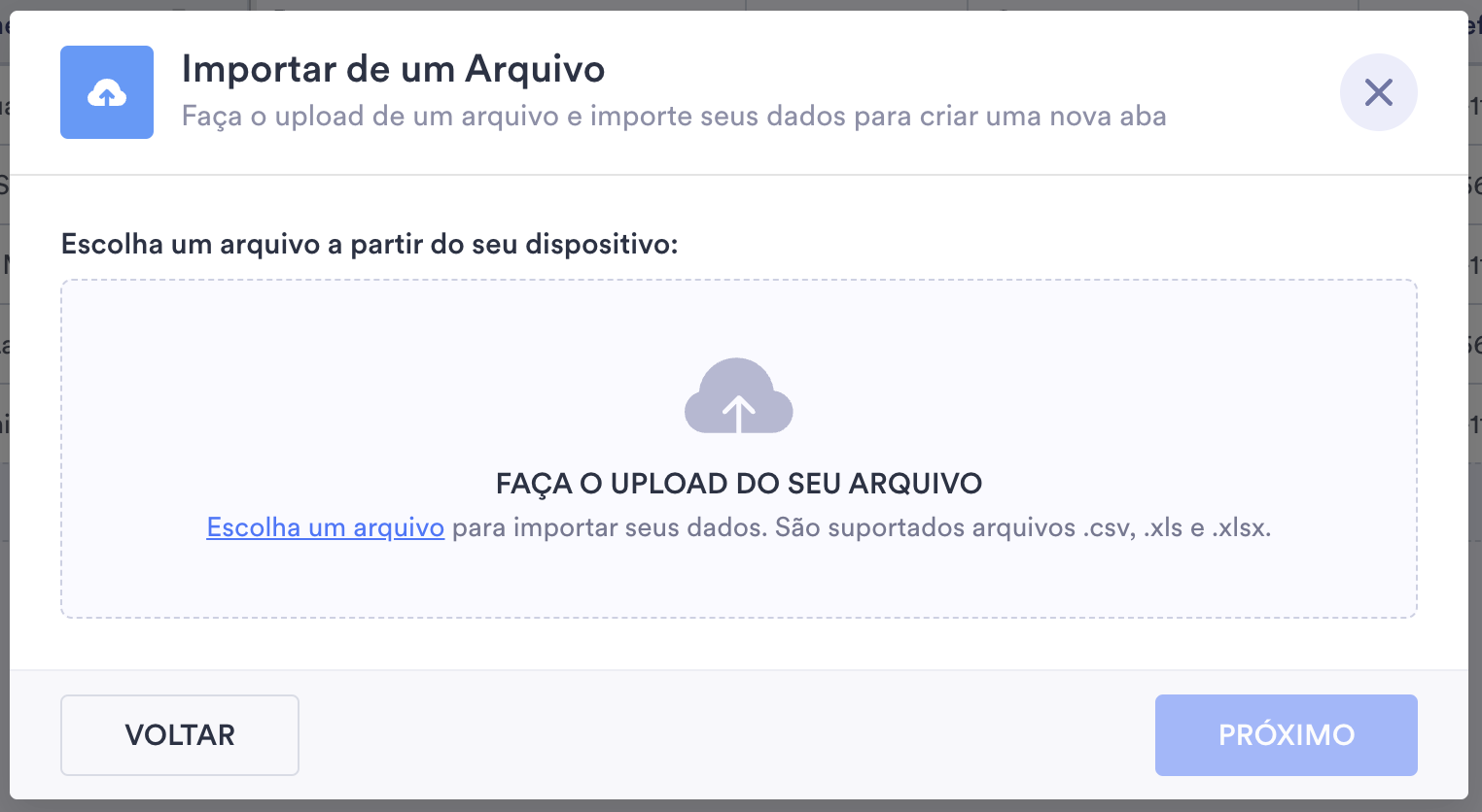 Imagem da página Importar de um Arquivo