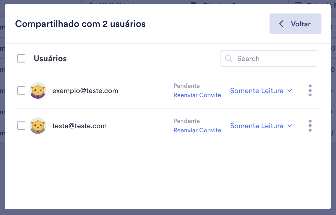 Recurso Convidar por E-mail do Jotform Tabelas demonstrando o compartilhamento com duas pessoas
