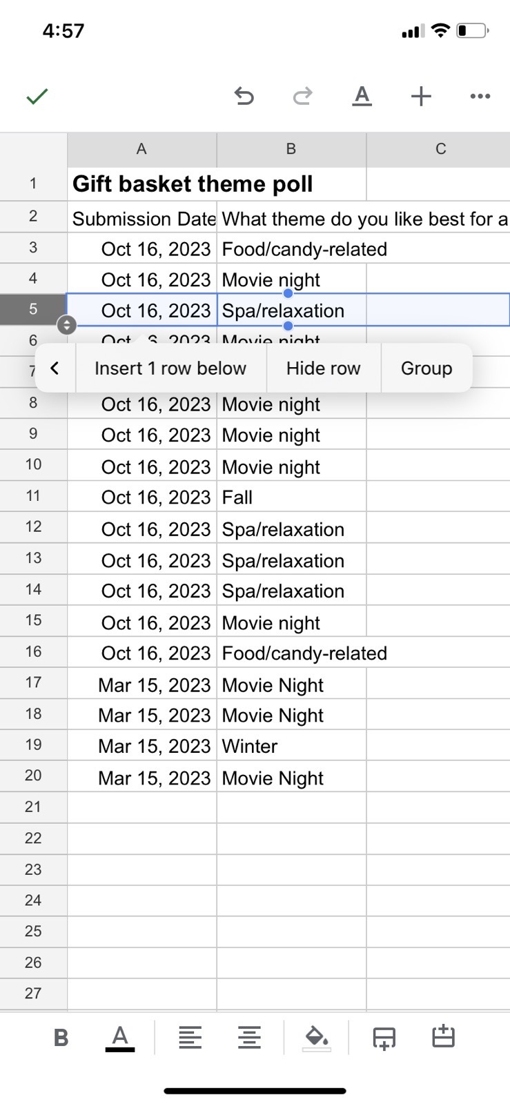 Screenshot of how to hide a row in Google Sheets on an iPhone