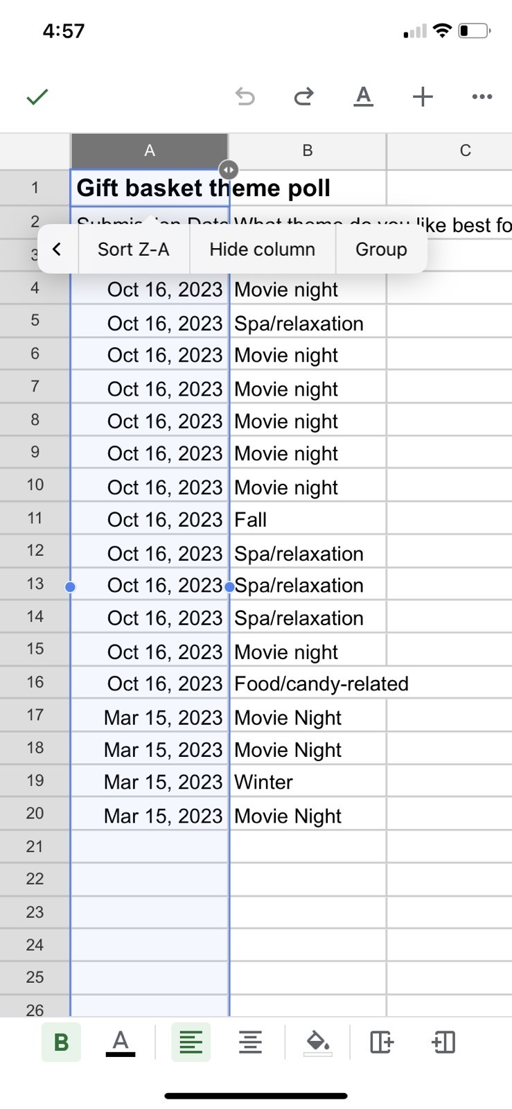 Screenshot of hiding a column in Google Sheets on an iPhone