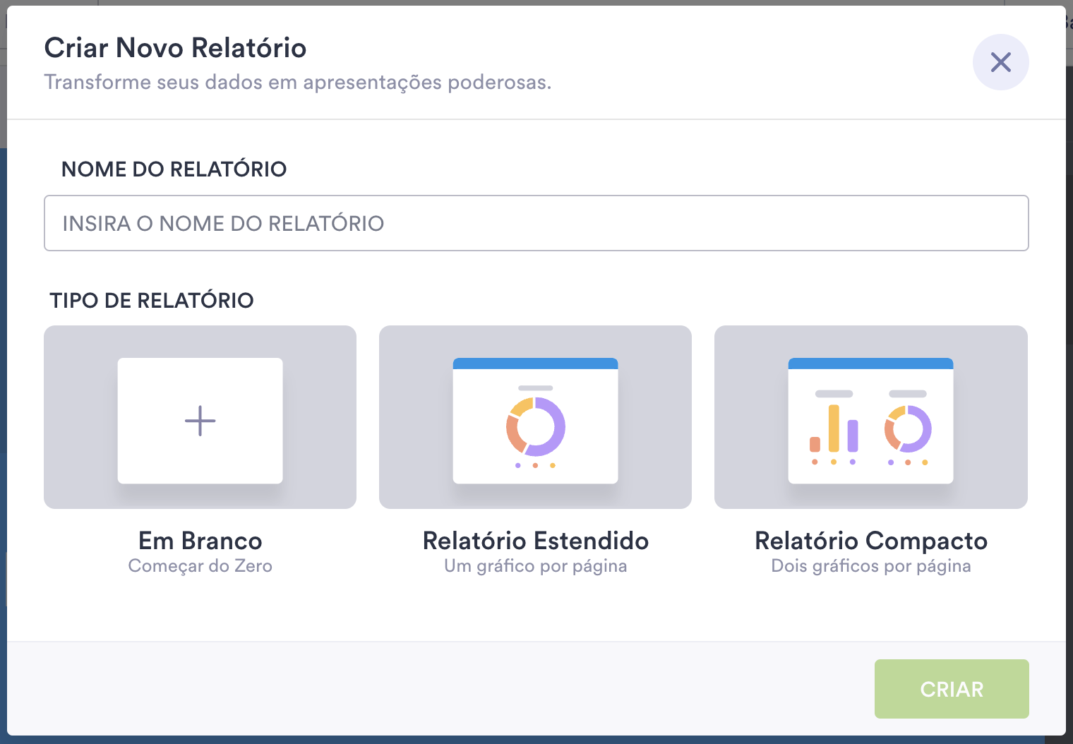 Janela Criar Novo Relatório