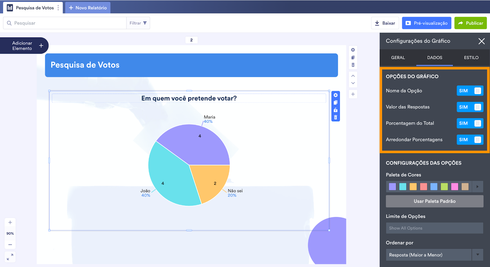 Destacando as Opções do Gráfico no Criador de Relatórios Jotform