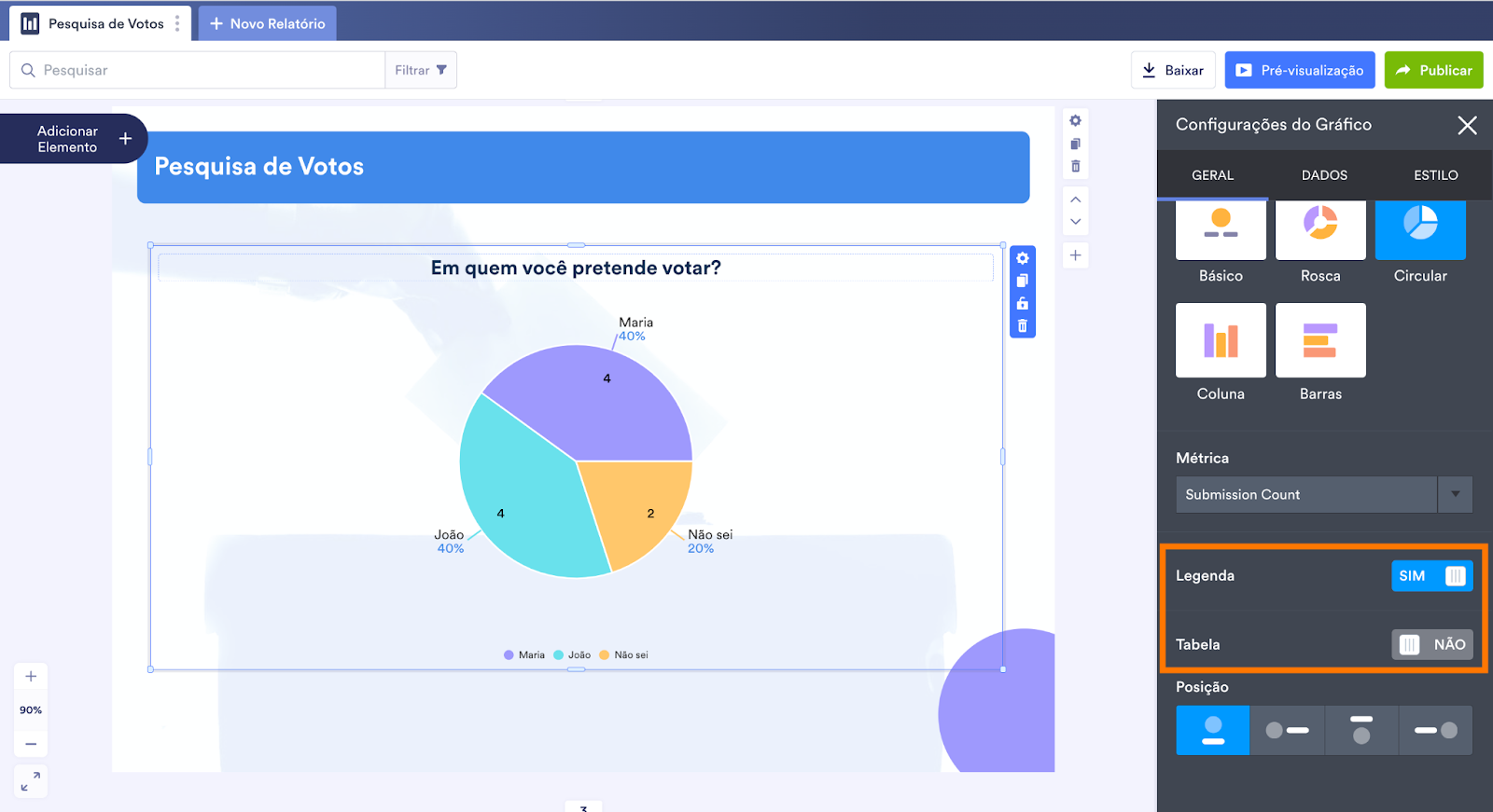 Ativando a Legenda e desativando a Tabela no Criador de Relatórios Jotform